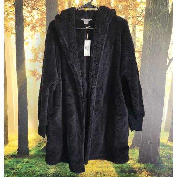 Natural Reflections Small Anthracite Cozy Hooded Cardigan Long Fleece Black NWT - Picture 1 of 13